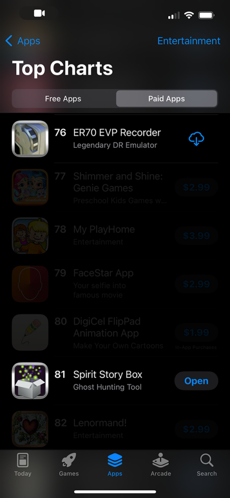Image of Spirit Story Box and the ER70 app appearing near each other in Apple's top 100 entertainment apps